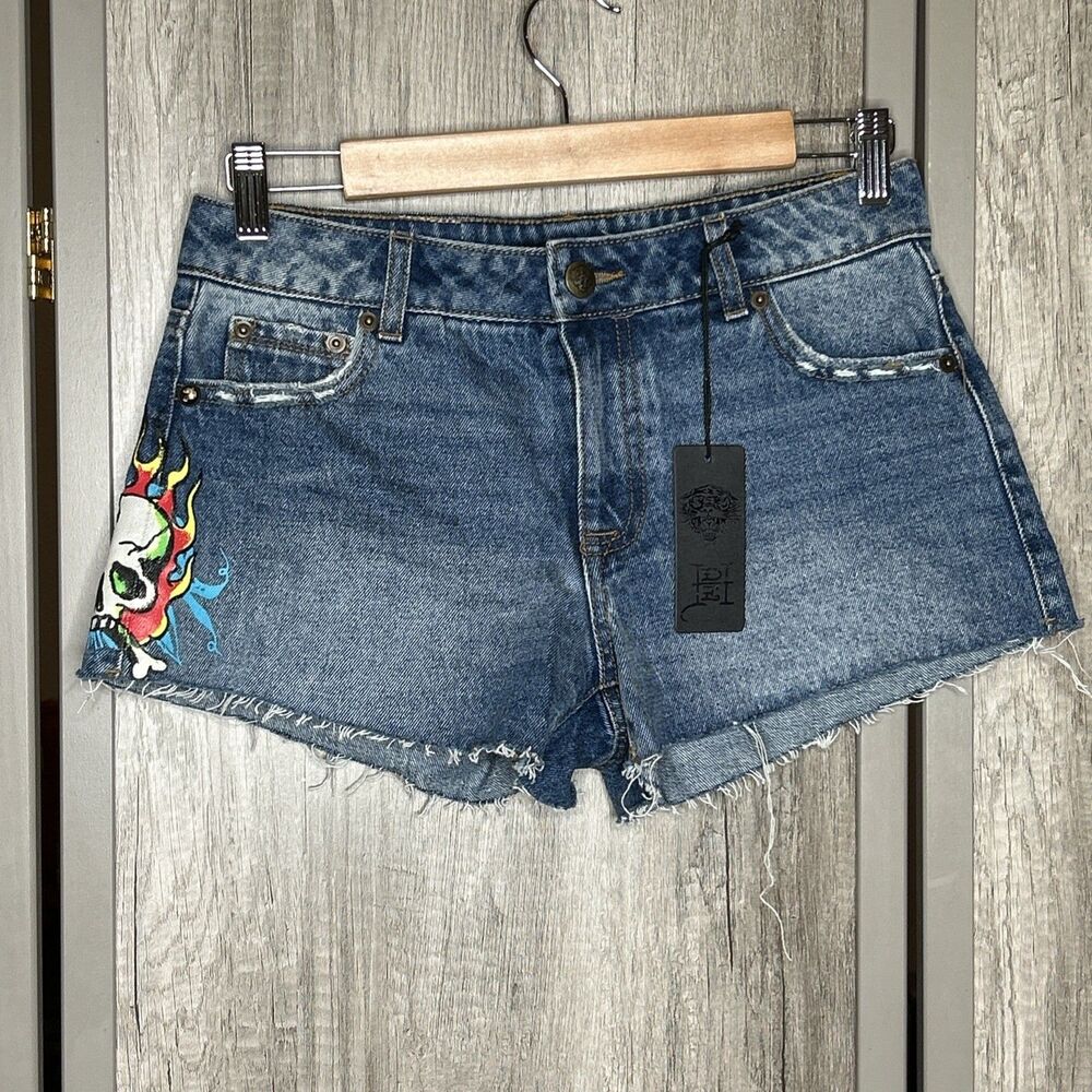 Ed Hardy Denim Shorts Size 24 Flame Skull NWT